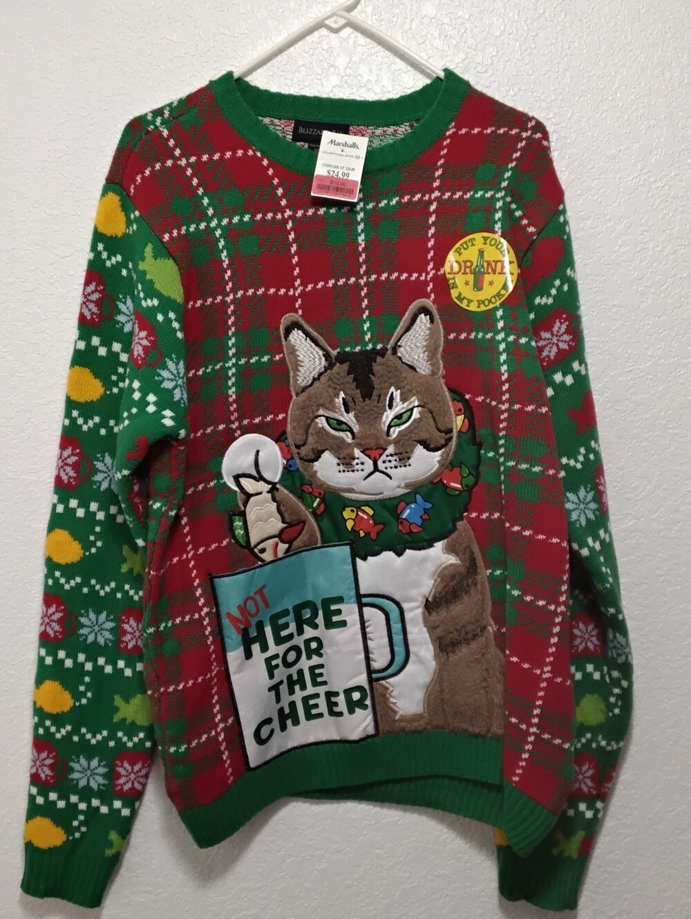 Men's Holiday Cat Graphic Sweater - Green & Red Size Xl